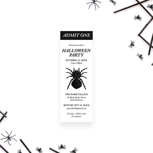 Halloween ticket invitation featuring a black spider design in a minimalist admit one style for a spooky party