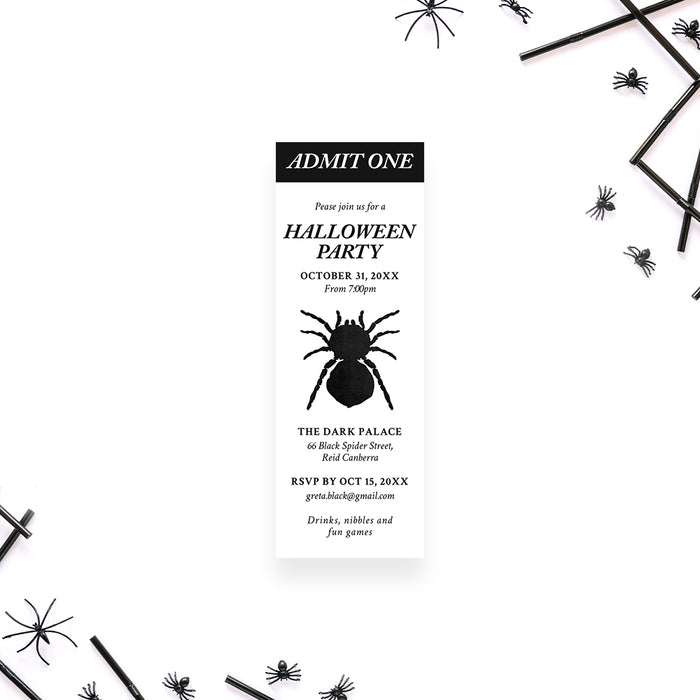 Halloween ticket invitation featuring a black spider design in a minimalist admit one style for a spooky party
