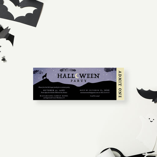Halloween party ticket invitation with howling wolf silhouette, starry purple night sky, admit one panel, and custom event details