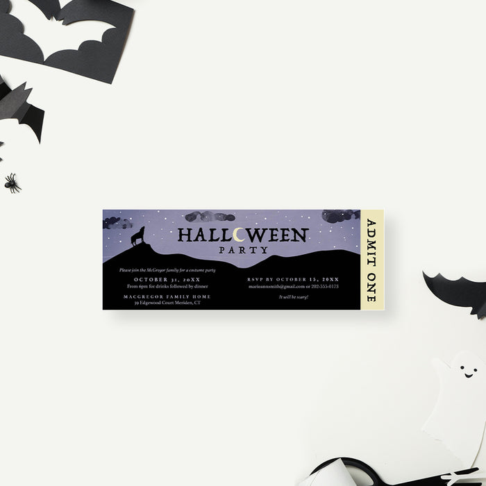 Halloween party ticket invitation with howling wolf silhouette, starry purple night sky, admit one panel, and custom event details
