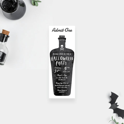 Spooky Halloween ticket invitation with a potion bottle shape and a skull and crossbones illustration.