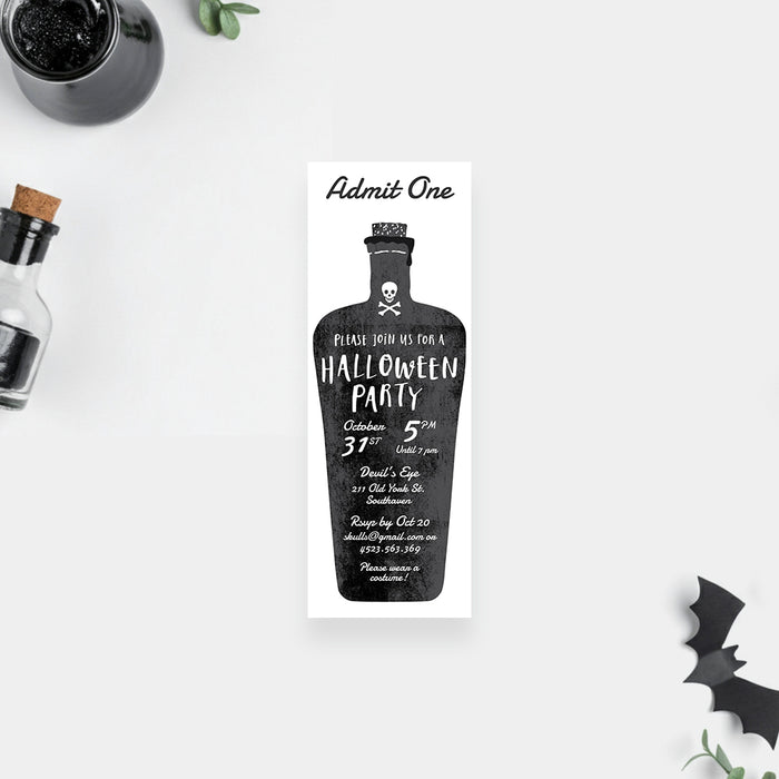 Spooky Halloween ticket invitation with a potion bottle shape and a skull and crossbones illustration.