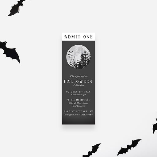Halloween ticket invitation with full-moon bats and an admit-one style spooky night party invite
