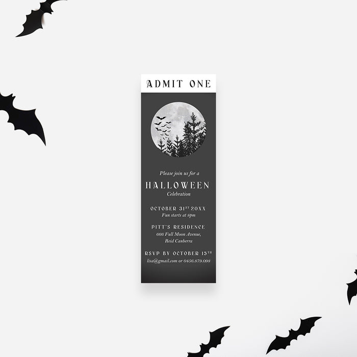 Halloween ticket invitation with full-moon bats and an admit-one style spooky night party invite