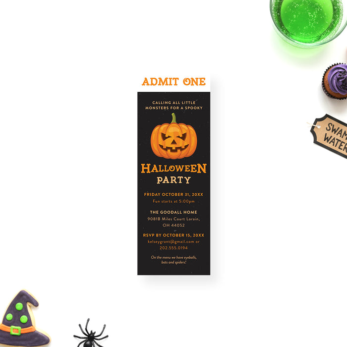 Halloween ticket-style invitation with a jack-o'-lantern design and orange text, admitting one for spooky party celebrations