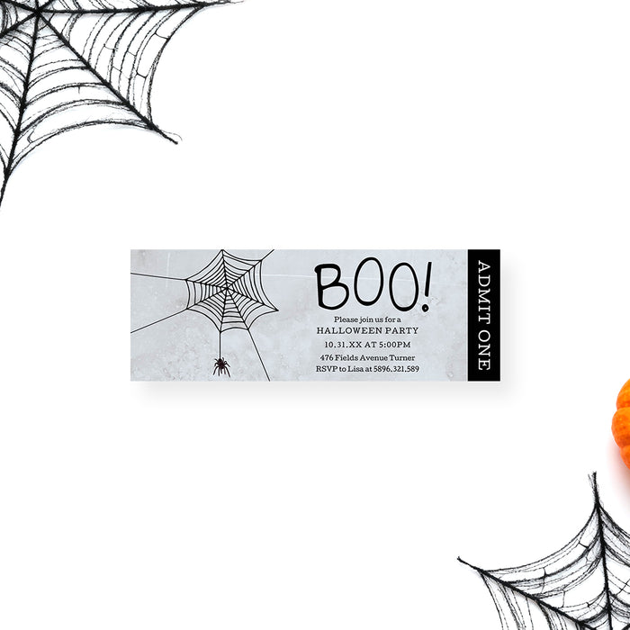 Halloween party ticket invitation with a spooky spider web design, hanging spider, and black admit one panel