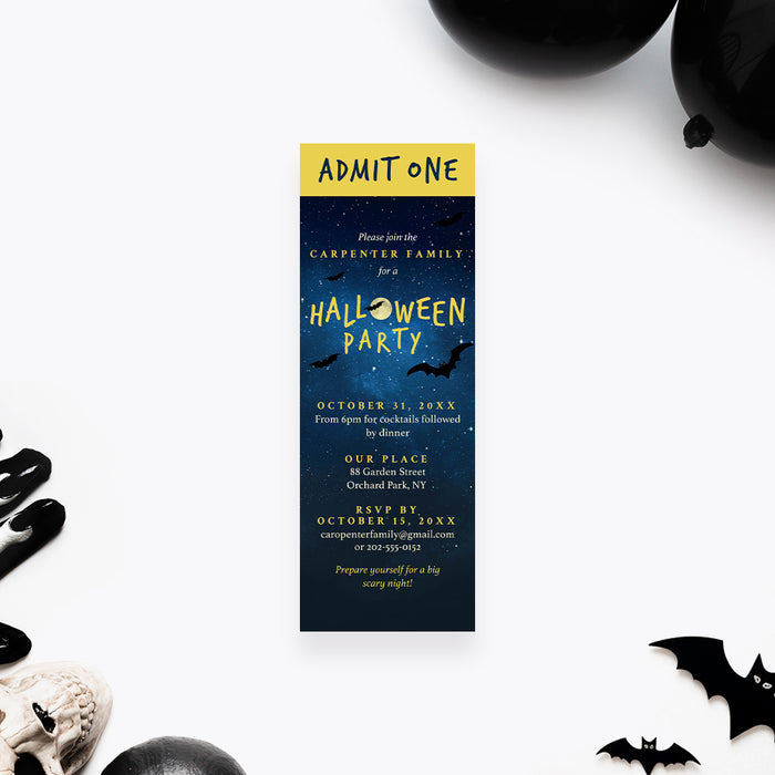Halloween ticket invitation with a starry night, moon, and flying bats illustration for a spooky party.