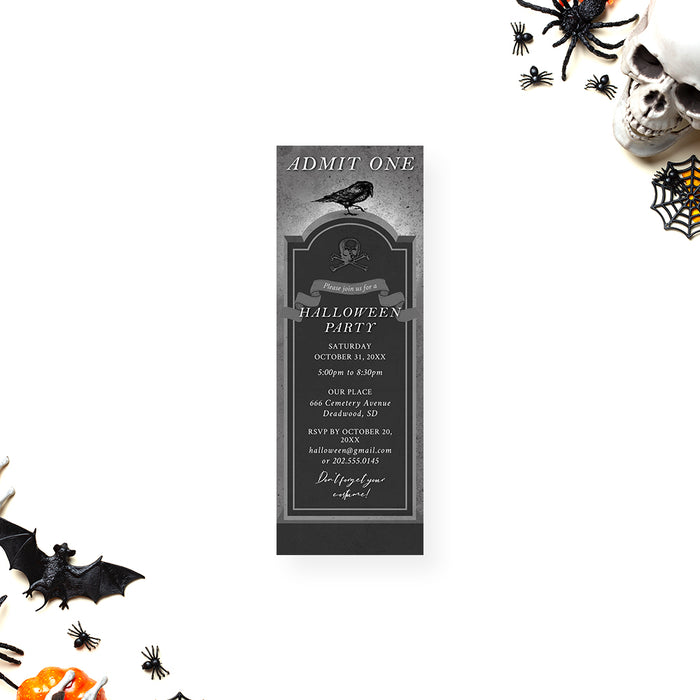 Spooky Halloween ticket invitation with tombstone, crow, and skull illustration.