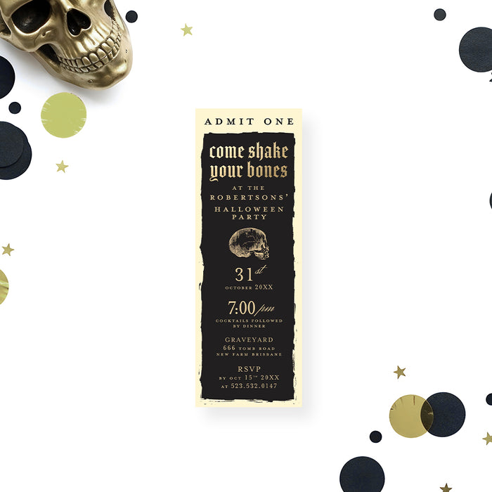 Halloween party ticket invitation featuring a vintage skull and the main title “Come Shake Your Bones,” a spooky admission pass for gothic or horror-themed events.