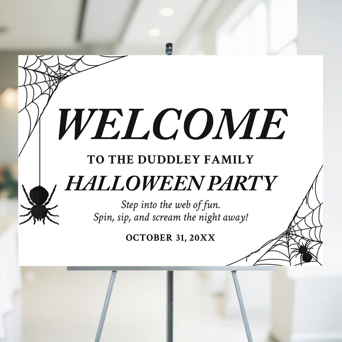 Halloween party welcome sign featuring spider web corners and hanging spiders with a clean black and white elegant design