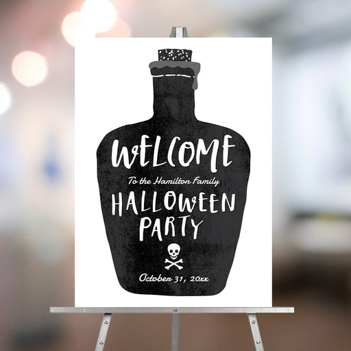 Halloween welcome sign featuring a black potion bottle design and skull, perfect for a spooky entrance poster.