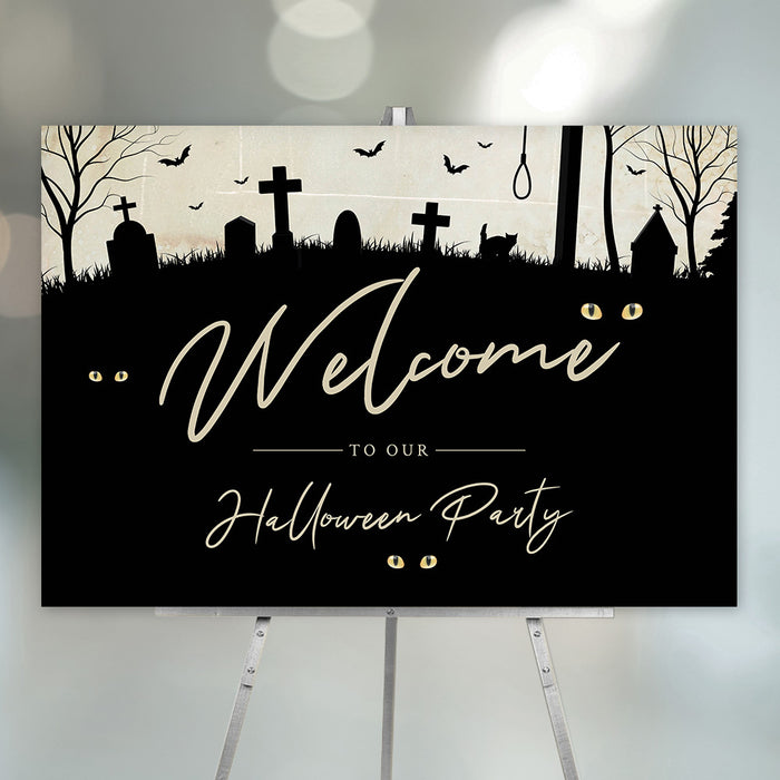 Halloween party welcome sign with a spooky graveyard silhouette, bats, glowing eyes, and elegant script text on a black background
