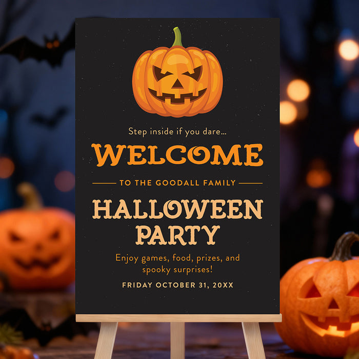 Spooky Halloween party welcome sign featuring an orange jack-o'-lantern on a black background, with orange text
