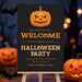 Spooky Halloween party welcome sign featuring an orange jack-o'-lantern on a black background, with orange text