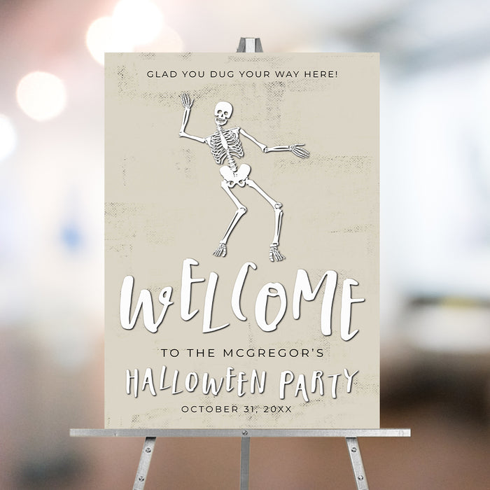 halloween welcome sign with dancing skeleton and custom party message on easel