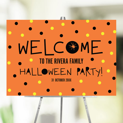 Halloween welcome sign with black and yellow dots and a spider design, perfect for spooky event decor and greeting guests.
