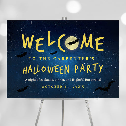 Halloween welcome sign with flying bats and a full moon against a starry night sky, perfect for spooky party decor or a festive entrance.