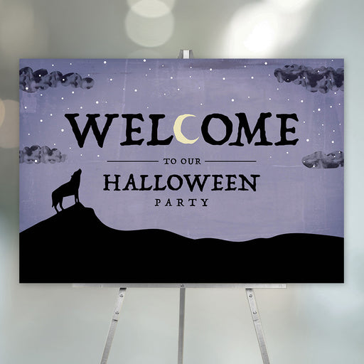 Halloween welcome sign with a crescent moon, howling wolf silhouette, and starry purple night sky—ideal for spooky party decor.