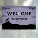 Halloween welcome sign with a crescent moon, howling wolf silhouette, and starry purple night sky—ideal for spooky party decor.