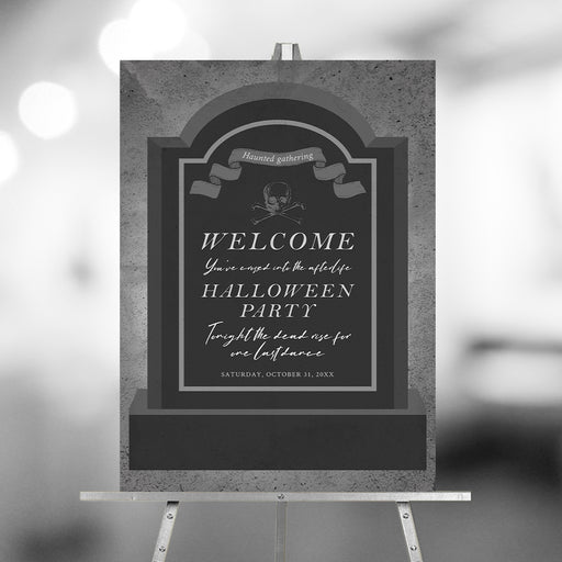 Halloween welcome sign with a spooky tombstone featuring a skull and banner design — gothic party entrance decor for haunted events