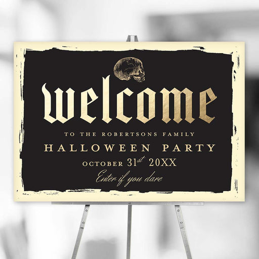 Halloween welcome sign with a vintage skull design and gothic lettering, set on an easel for party or event entrance décor.