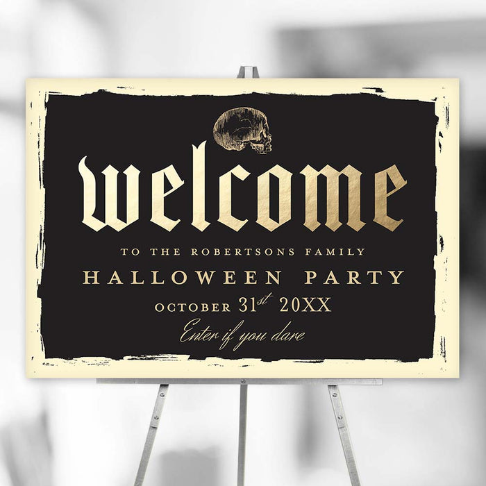 Halloween welcome sign with a vintage skull design and gothic lettering, set on an easel for party or event entrance décor.