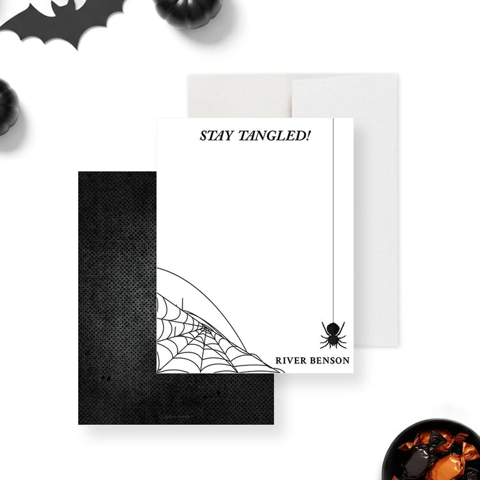 Personalized Halloween thank you card featuring a minimalist spider web design with a hanging spider on a clean white background-front-back