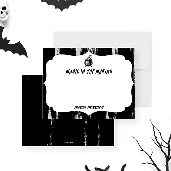 Personalized Halloween thank you card featuring a spooky witch-themed design in black and white for party favors and festive celebrations-front-back