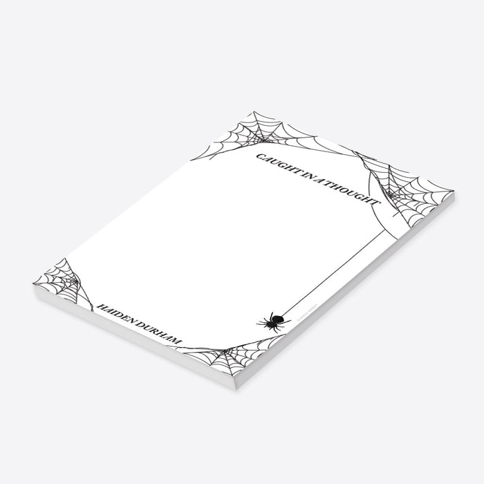 Personalized Halloween notepad featuring a minimalist spider web design with black and white spooky theme-side