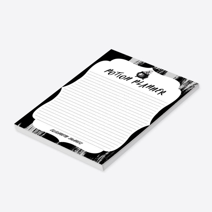 Personalized Halloween notepad featuring a potion planner design with a witch theme in black and white for spooky party favors or gifts-side