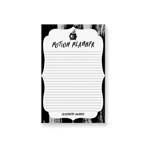 Personalized Halloween notepad featuring a potion planner design with a witch theme in black and white for spooky party favors or gifts
