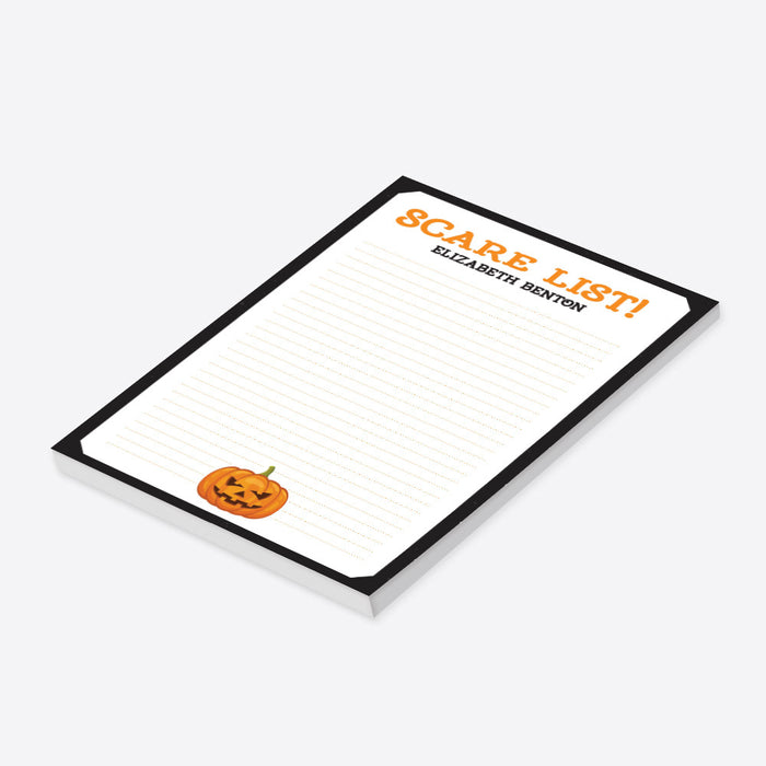 Spooky Halloween notepad with orange lines, a jack-o'-lantern illustration, "Scare List" text, and a custom name-side