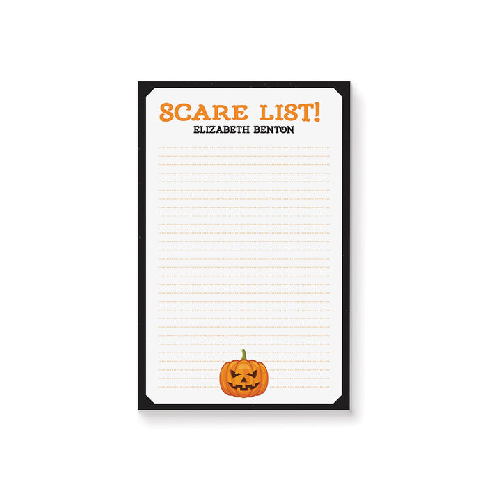 Spooky Halloween notepad with orange lines, a jack-o'-lantern illustration, "Scare List" text, and a custom name