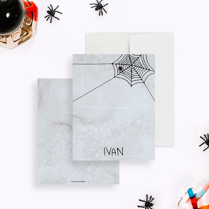 personalized Halloween thank you card with a spooky spider web design, hanging spider, and custom name-front-back