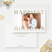 Front and back of the Happiest Holidays photo card template with gold lettering and a white back for a greeting.