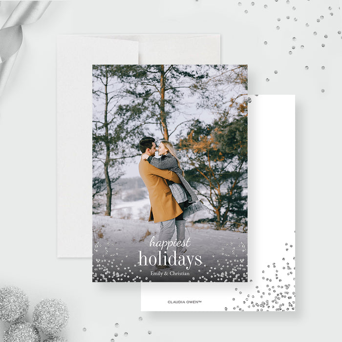 Editable holiday photo card template featuring a modern Christmas design for personalized family photo and digital holiday greetings.