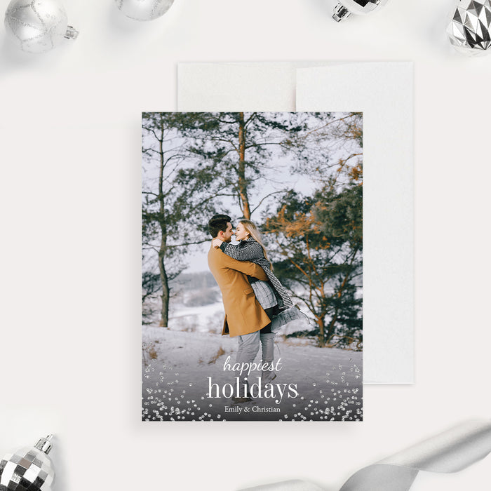 Editable holiday photo card template featuring a modern Christmas design for personalized family photo and digital holiday greetings.