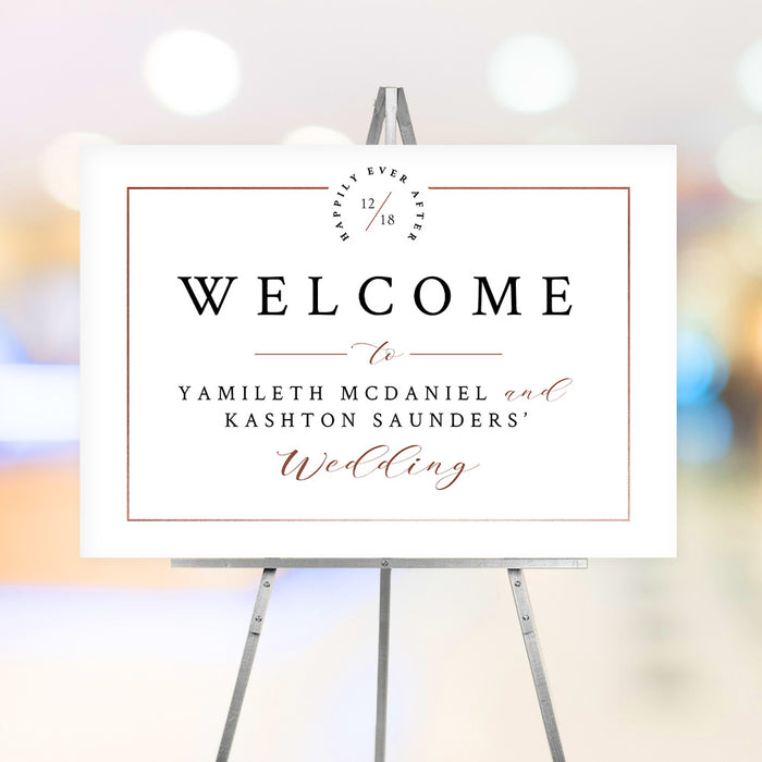 Elegant personalized wedding welcome sign featuring the couple’s names and date, customizable for ceremony, reception, or special celebration.