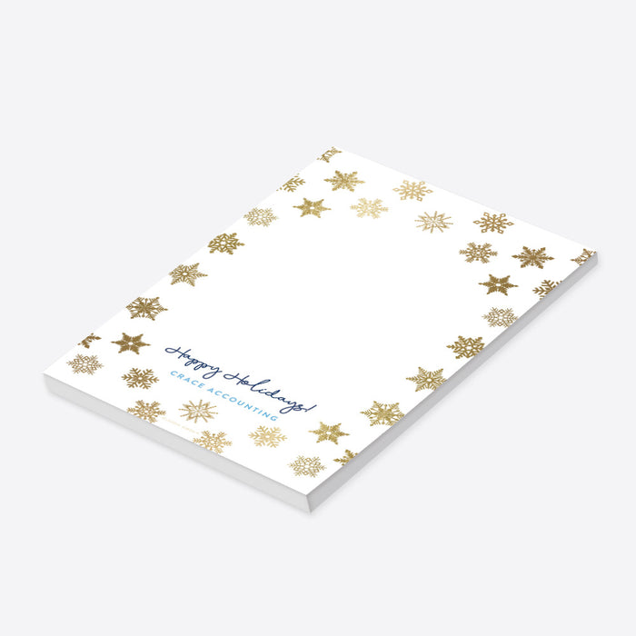 Modern Holiday Notepad with Golden Snowflakes, Personalized Corporate Party Favor Notepad with Festive Christmas Design