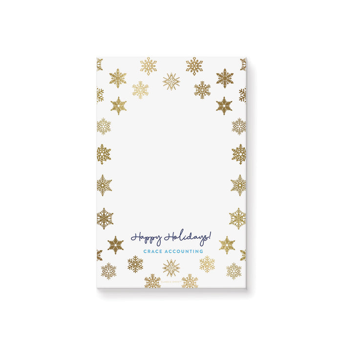 Modern Holiday Notepad with Golden Snowflakes, Personalized Corporate Party Favor Notepad with Festive Christmas Design