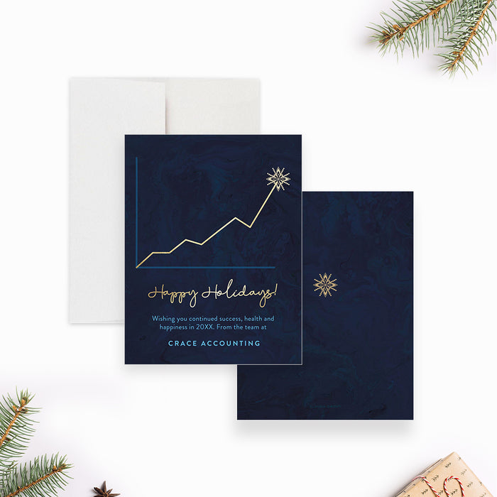 Business Greeting Card in Navy Blue with Golden Graph Design, Corporate Christmas Card with Growth Chart, Unique Company Holiday Card