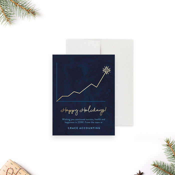 Business Greeting Card in Navy Blue with Golden Graph Design, Corporate Christmas Card with Growth Chart, Unique Company Holiday Card