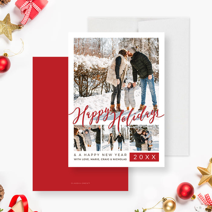 Modern holiday photo card featuring a large main photo, three smaller photo panels, red script Happy Holidays lettering, and a bold red accent box for the year.