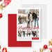 Modern holiday photo card featuring a large main photo, three smaller photo panels, red script Happy Holidays lettering, and a bold red accent box for the year.