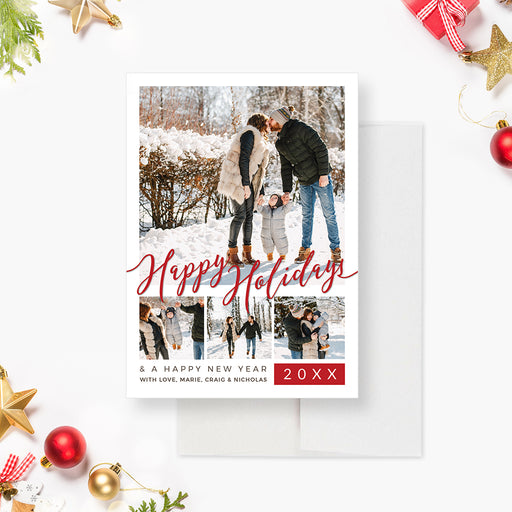 Modern holiday photo card featuring a large main photo, three smaller photo panels, red script Happy Holidays lettering, and a bold red accent box for the year.
