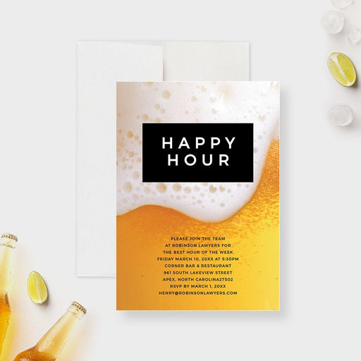 Happy Hour birthday invitation with golden beer artwork a white foam edge and black heading panel.