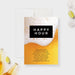 Happy Hour birthday invitation with golden beer artwork a white foam edge and black heading panel.