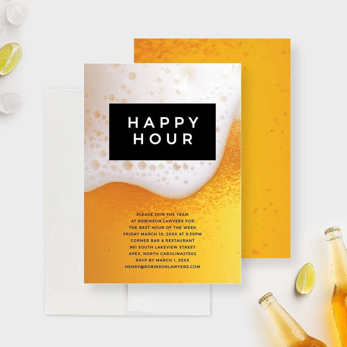 Happy Hour beer party invitation front and coordinating golden beer artwork on the back.