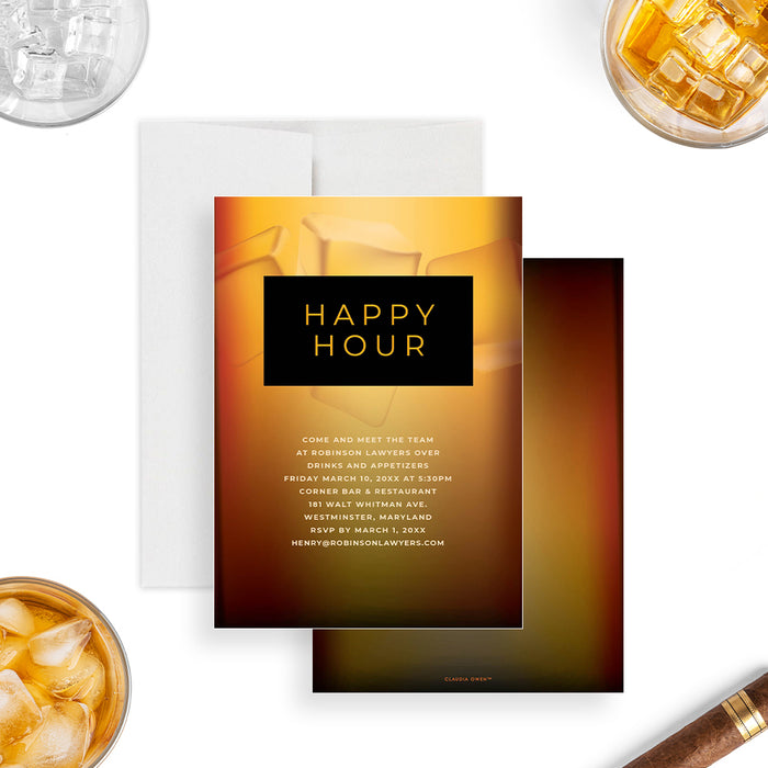 Happy hour invitation card featuring an amber and black design, ice cube details, customizable for cocktails, networking events, birthdays, or corporate parties.-front-back