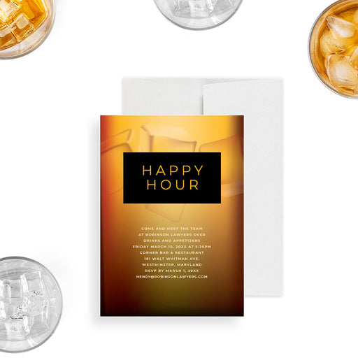 Happy hour invitation card featuring an amber and black design, ice cube details, customizable for cocktails, networking events, birthdays, or corporate parties.-front